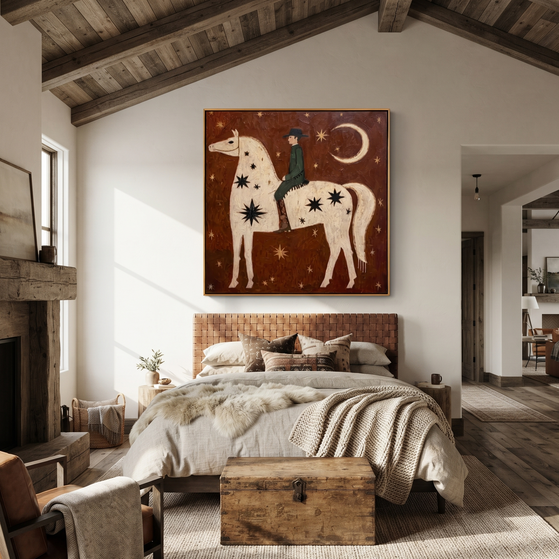Quiet Reins Return at Dusk - horse and rider painting by Isabelle Laurent, modern Western square wall art – styled room scene view 4