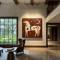 Quiet Reins Return at Dusk - horse and rider painting by Isabelle Laurent, modern Western square wall art – styled room scene view 5