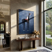 Painted Saddle Return at Dusk - symbolic horse and rider painting by Isabelle Laurent, modern Western vertical wall art – styled room scene view 1
