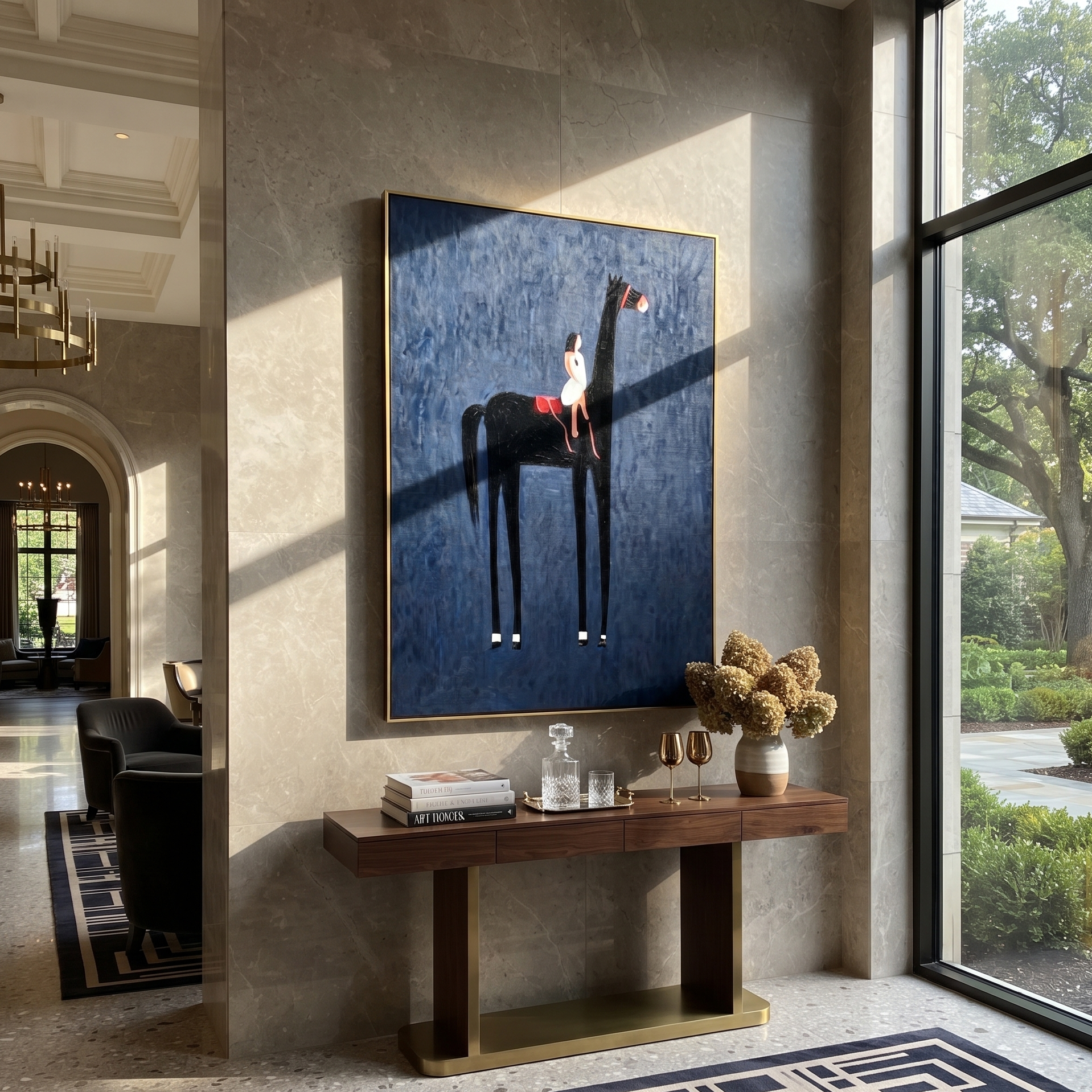 Painted Saddle Return at Dusk - symbolic horse and rider painting by Isabelle Laurent, modern Western vertical wall art – styled room scene view 1