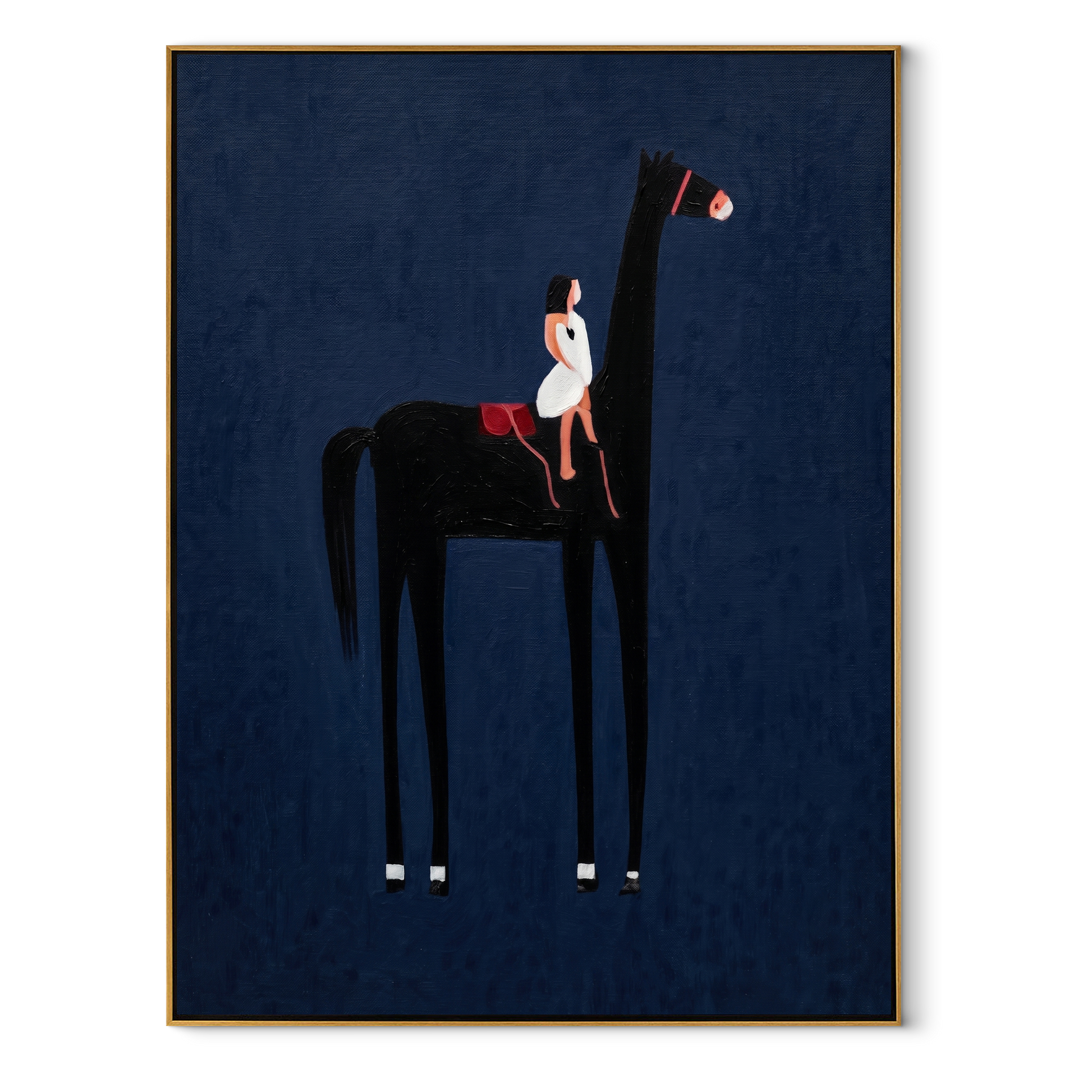 Painted Saddle Return at Dusk - symbolic horse and rider painting by Isabelle Laurent, modern Western vertical wall art – wood frame on white background