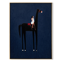 Painted Saddle Return at Dusk - symbolic horse and rider painting by Isabelle Laurent, modern Western vertical wall art – wood frame on white background