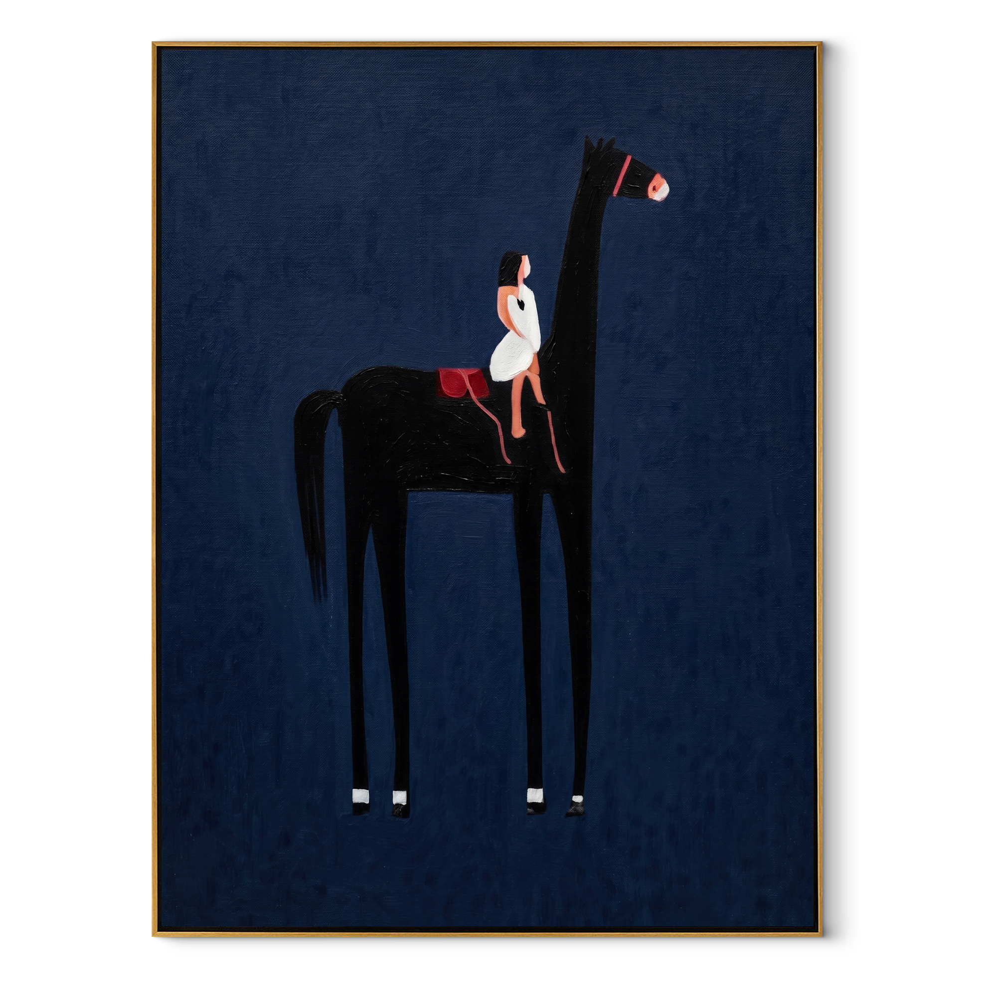 Painted Saddle Return at Dusk - symbolic horse and rider painting by Isabelle Laurent, modern Western vertical wall art – wood frame on white background
