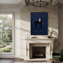 Painted Saddle Return at Dusk - symbolic horse and rider painting by Isabelle Laurent, modern Western vertical wall art – styled room scene view 2