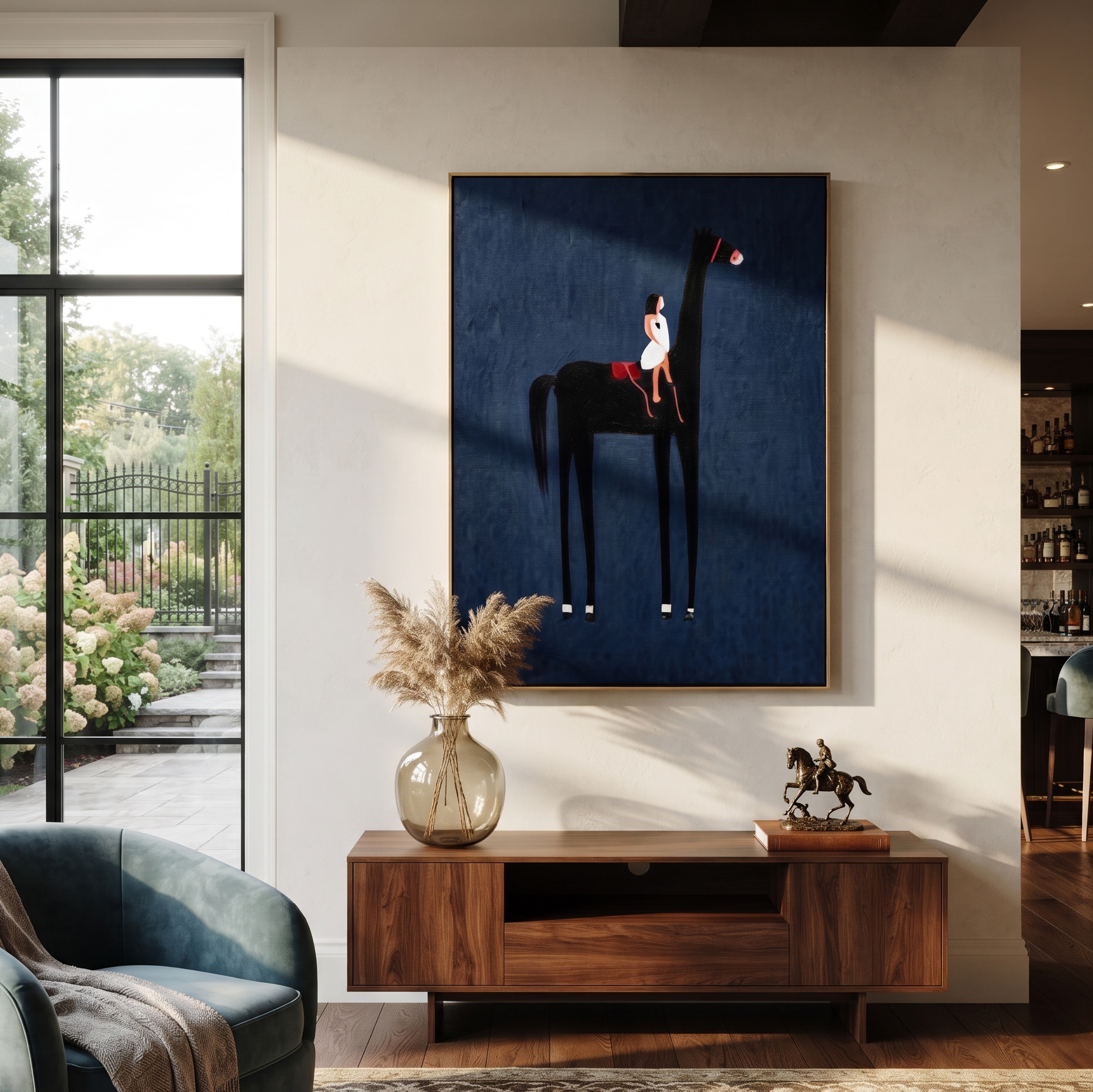 Painted Saddle Return at Dusk - symbolic horse and rider painting by Isabelle Laurent, modern Western vertical wall art – styled room scene view 3
