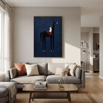 Painted Saddle Return at Dusk - symbolic horse and rider painting by Isabelle Laurent, modern Western vertical wall art – styled room scene view 4