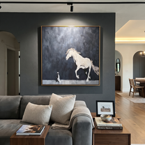 Long Mane Return at Dusk - horse and rider painting by Isabelle Laurent, modern Western square wall art – styled room scene view 1