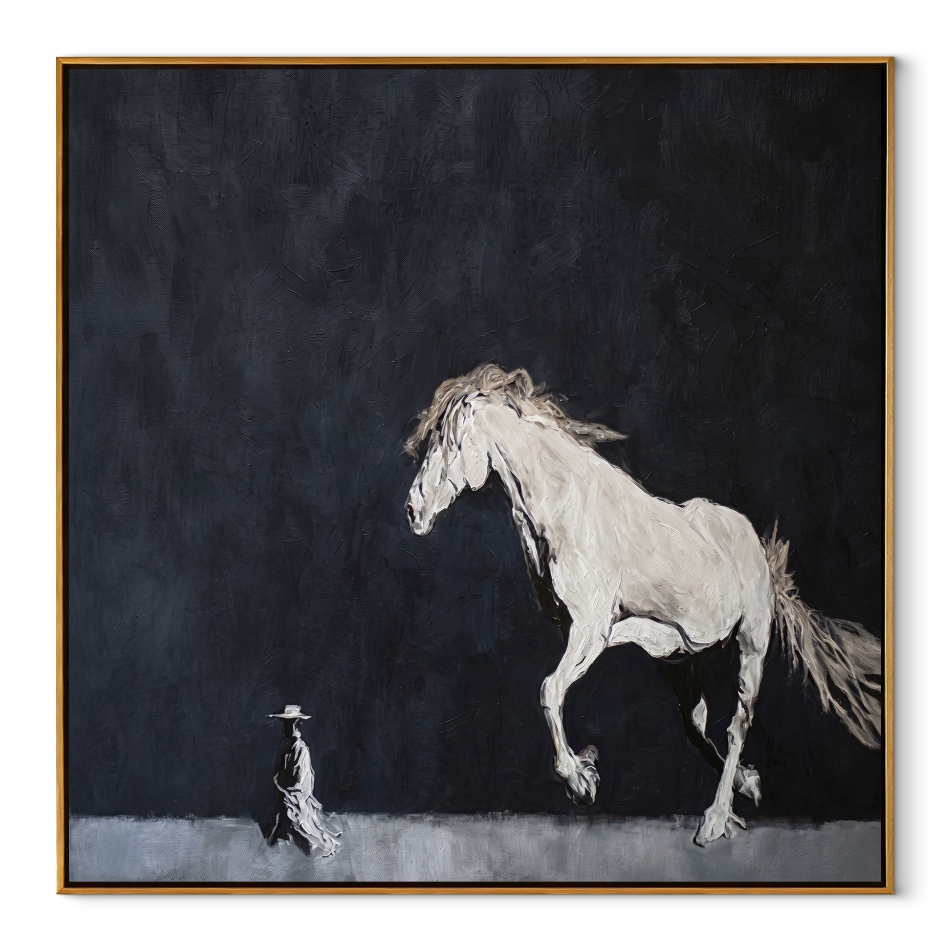 Long Mane Return at Dusk - horse and rider painting by Isabelle Laurent, modern Western square wall art – wood frame on white background