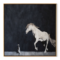 Long Mane Return at Dusk - horse and rider painting by Isabelle Laurent, modern Western square wall art – wood frame on white background