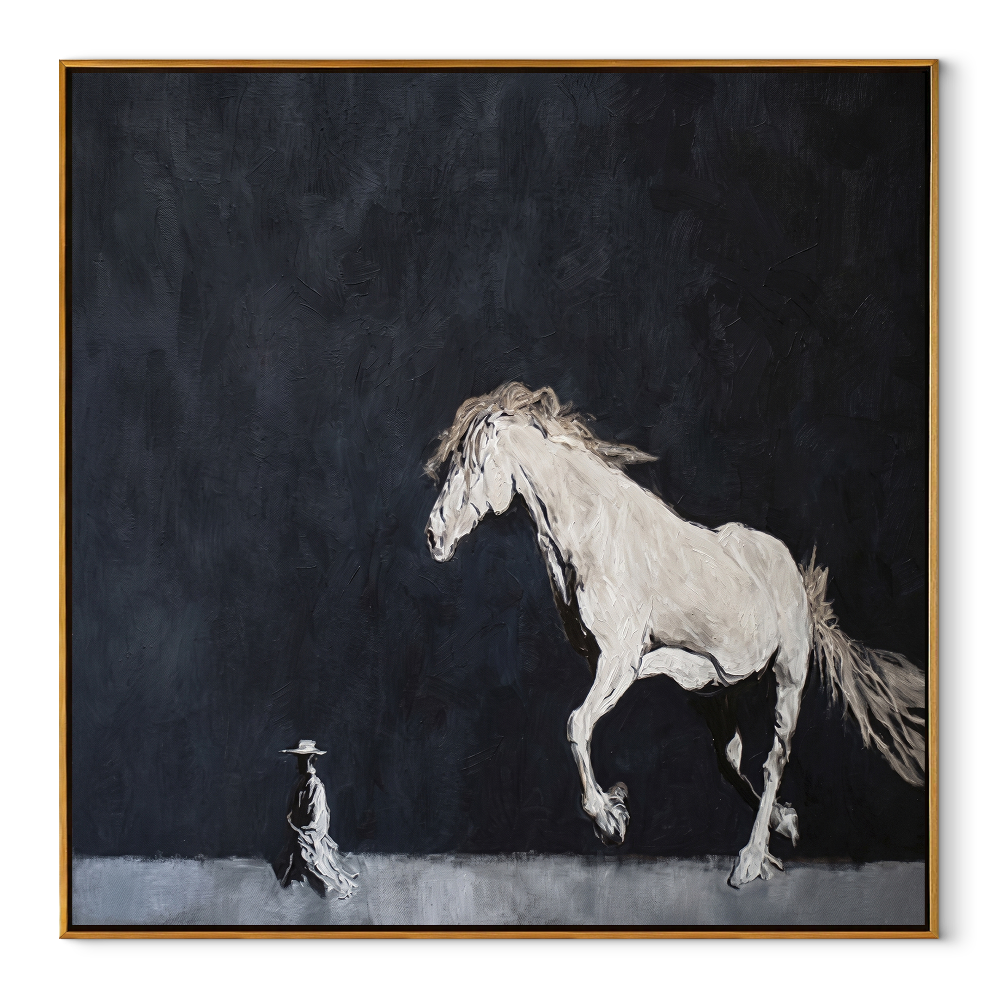 Long Mane Return at Dusk - horse and rider painting by Isabelle Laurent, modern Western square wall art – wood frame on white background