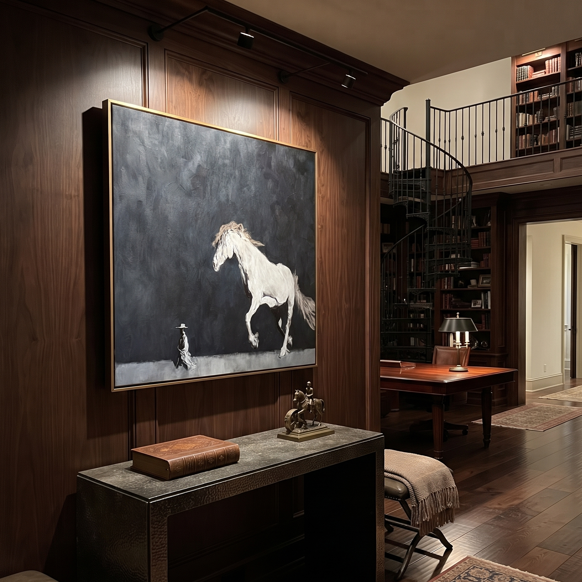 Long Mane Return at Dusk - horse and rider painting by Isabelle Laurent, modern Western square wall art – styled room scene view 2