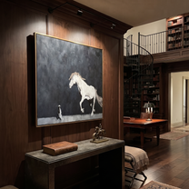 Long Mane Return at Dusk - horse and rider painting by Isabelle Laurent, modern Western square wall art – styled room scene view 2