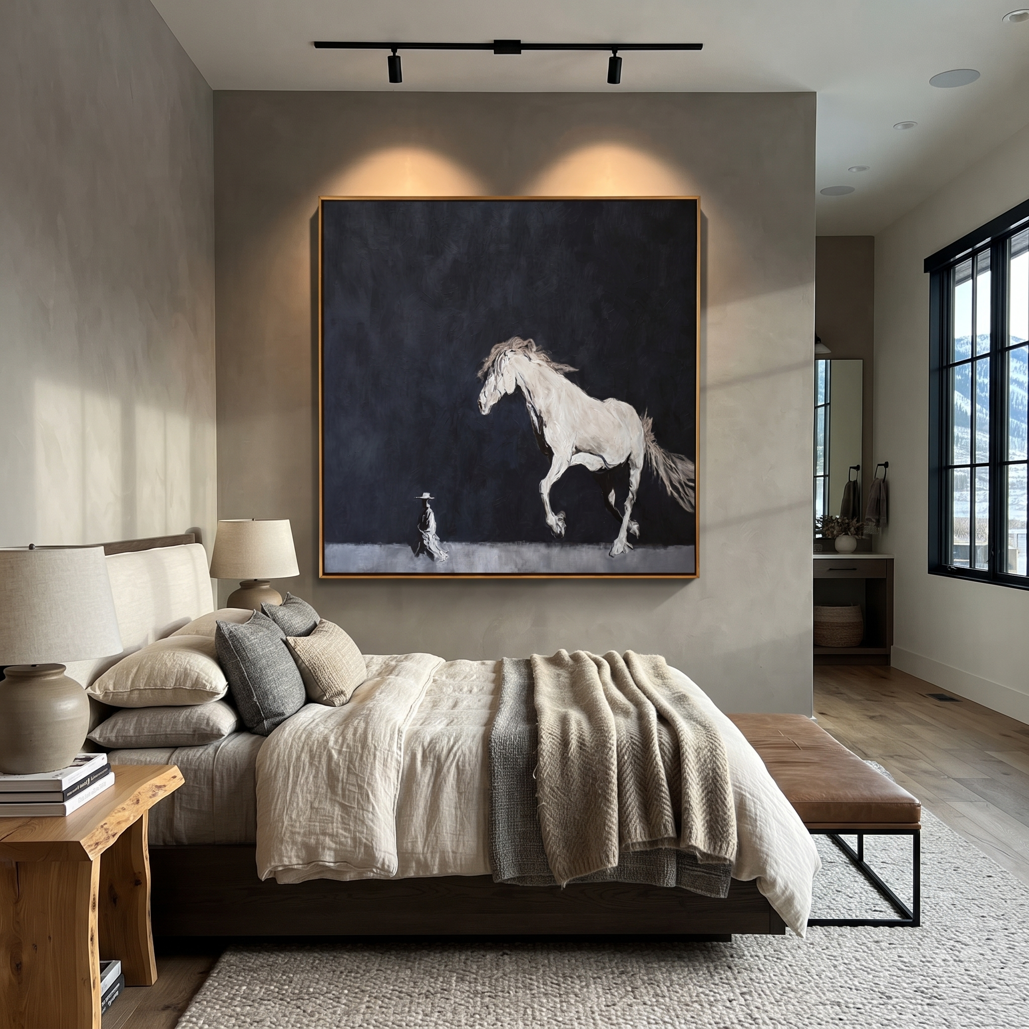 Long Mane Return at Dusk - horse and rider painting by Isabelle Laurent, modern Western square wall art – styled room scene view 3