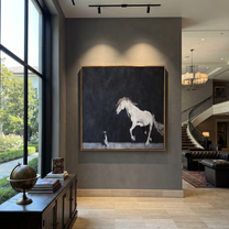 Long Mane Return at Dusk - horse and rider painting by Isabelle Laurent, modern Western square wall art – styled room scene view 4