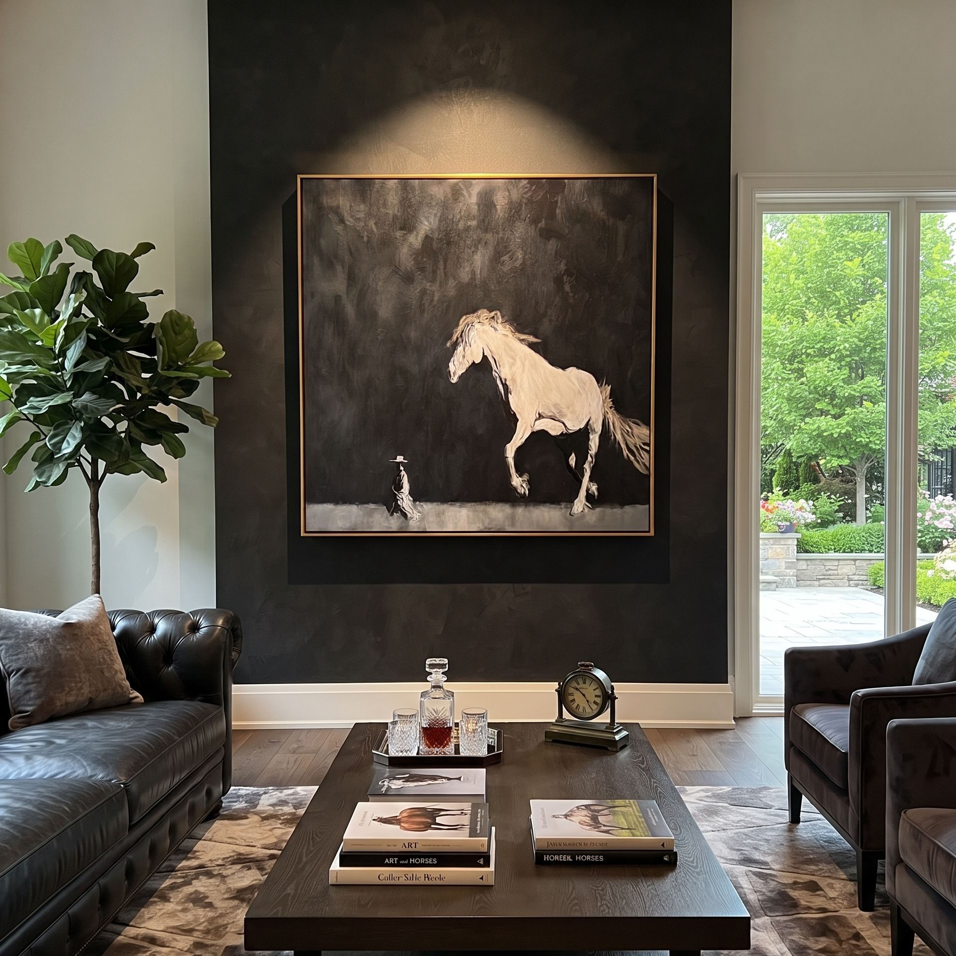 Long Mane Return at Dusk - horse and rider painting by Isabelle Laurent, modern Western square wall art – styled room scene view 5