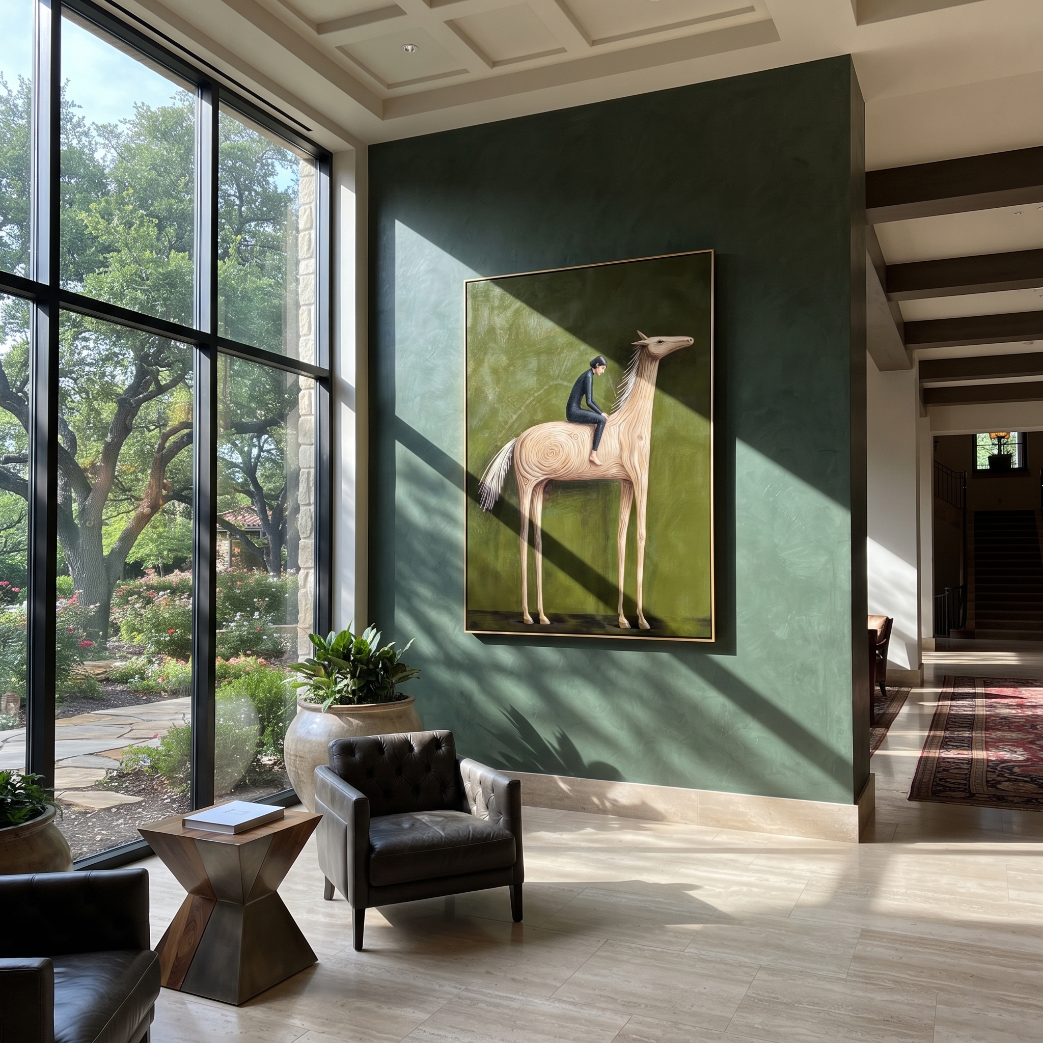 Western Stars Return at Dusk - figure and horse painting by Isabelle Laurent, modern Western vertical wall art – styled room scene view 1
