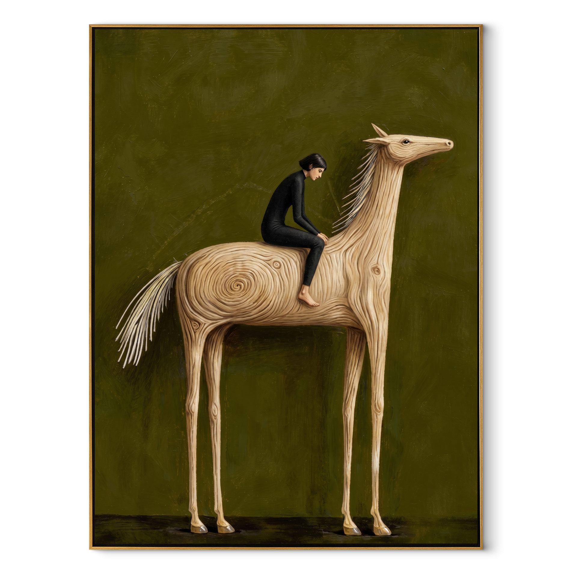 Western Stars Return at Dusk - figure and horse painting by Isabelle Laurent, modern Western vertical wall art – wood frame on white background