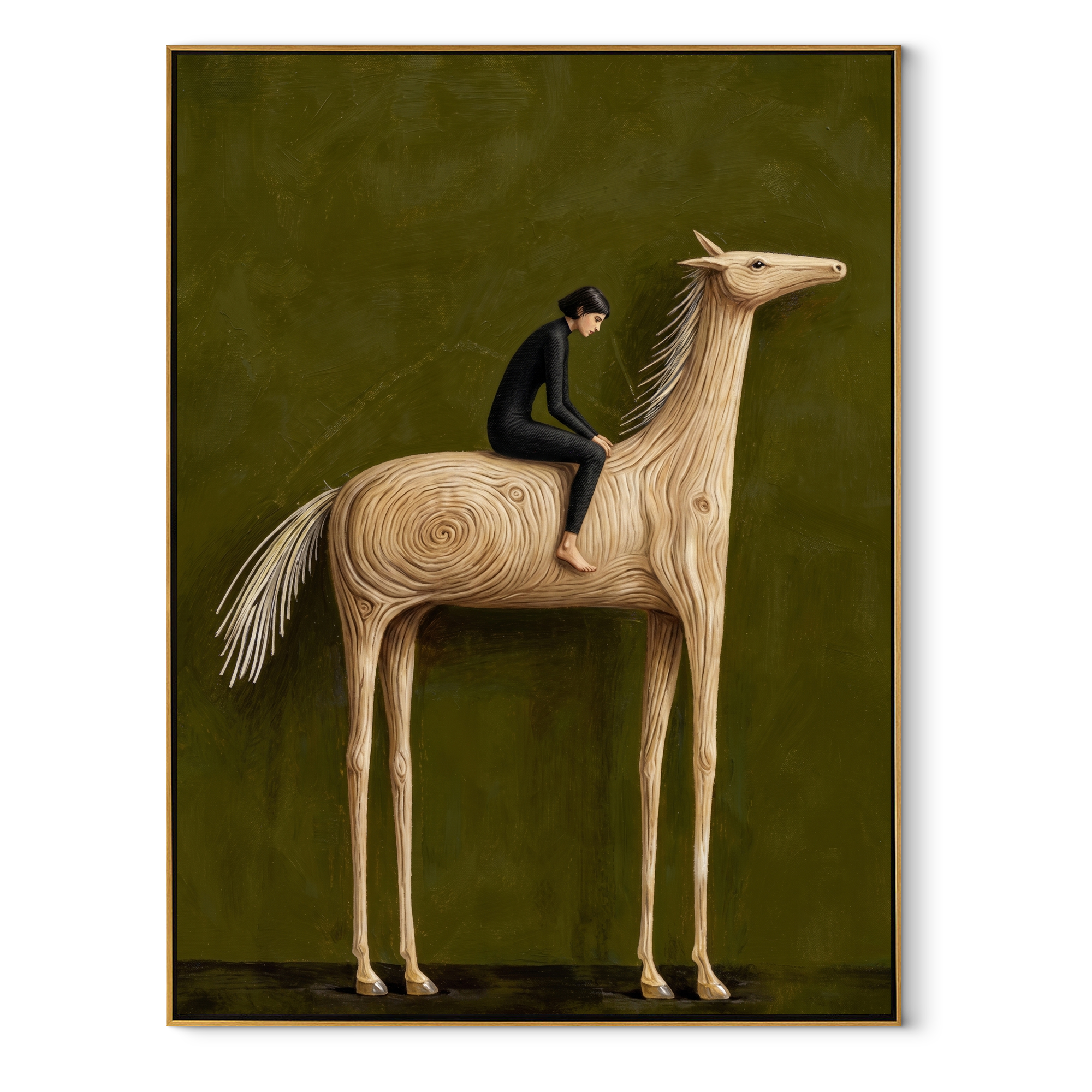 Western Stars Return at Dusk - figure and horse painting by Isabelle Laurent, modern Western vertical wall art – wood frame on white background