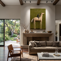 Western Stars Return at Dusk - figure and horse painting by Isabelle Laurent, modern Western vertical wall art – styled room scene view 2