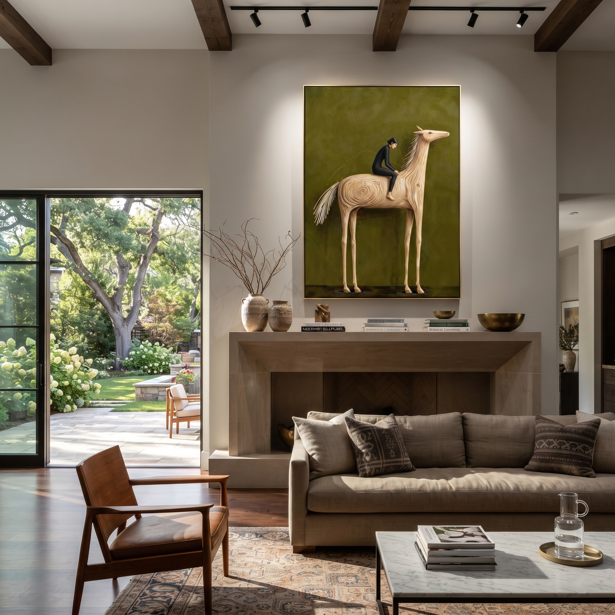 Western Stars Return at Dusk - figure and horse painting by Isabelle Laurent, modern Western vertical wall art – styled room scene view 2