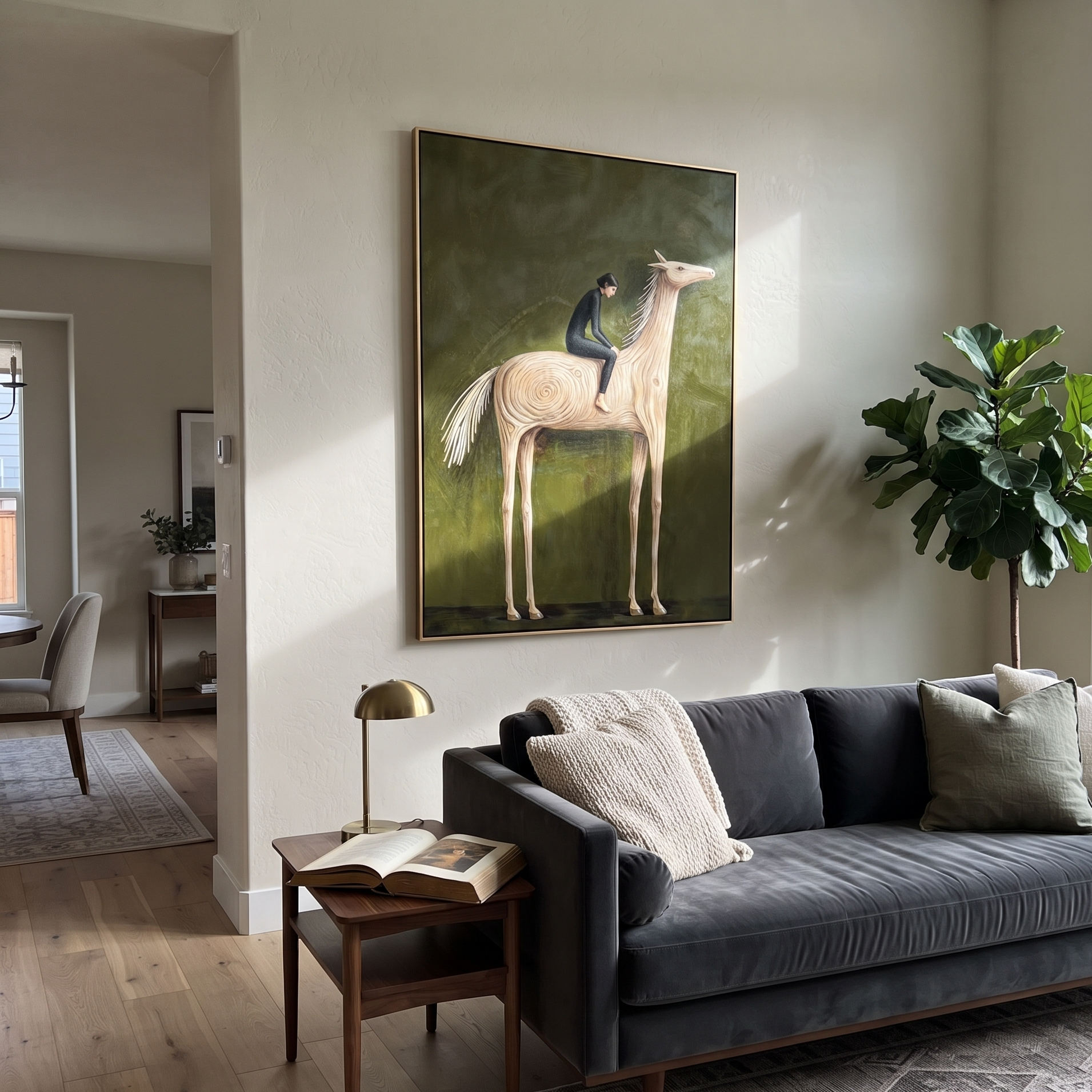 Western Stars Return at Dusk - figure and horse painting by Isabelle Laurent, modern Western vertical wall art – styled room scene view 3