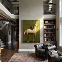 Western Stars Return at Dusk - figure and horse painting by Isabelle Laurent, modern Western vertical wall art – styled room scene view 4