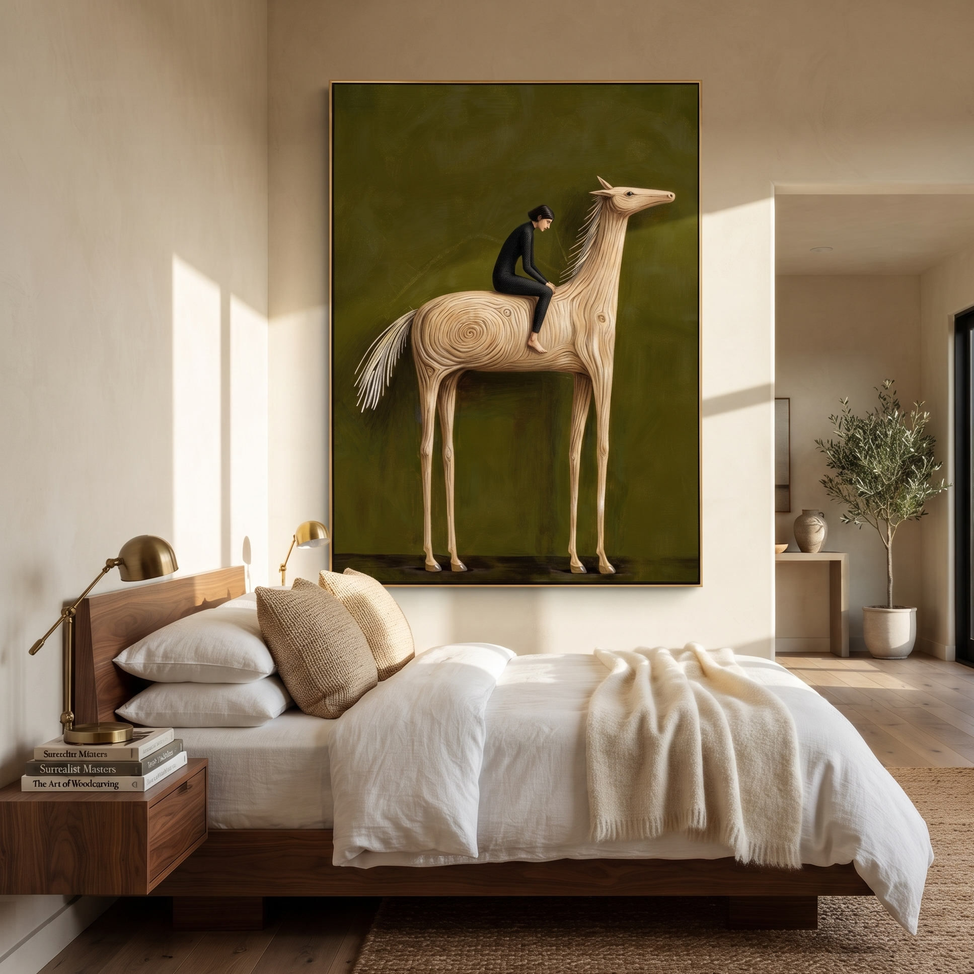 Western Stars Return at Dusk - figure and horse painting by Isabelle Laurent, modern Western vertical wall art – styled room scene view 5