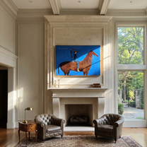 Gentle Strength Return at Dusk - horse and rider painting by Isabelle Laurent, modern Western horizontal wall art – styled room scene view 1