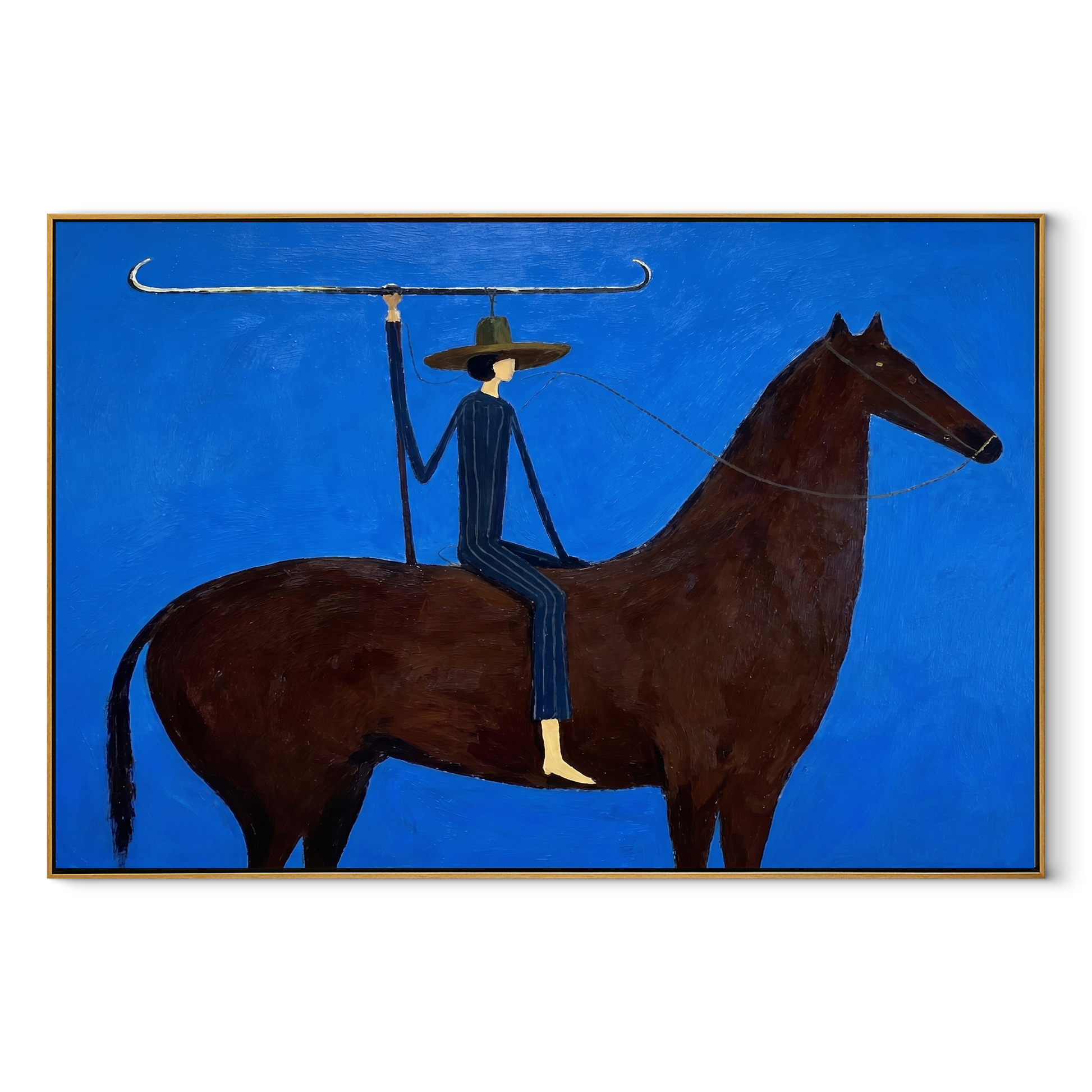 Gentle Strength Return at Dusk - horse and rider painting by Isabelle Laurent, modern Western horizontal wall art – wood frame on white background