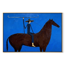 Gentle Strength Return at Dusk - horse and rider painting by Isabelle Laurent, modern Western horizontal wall art – wood frame on white background