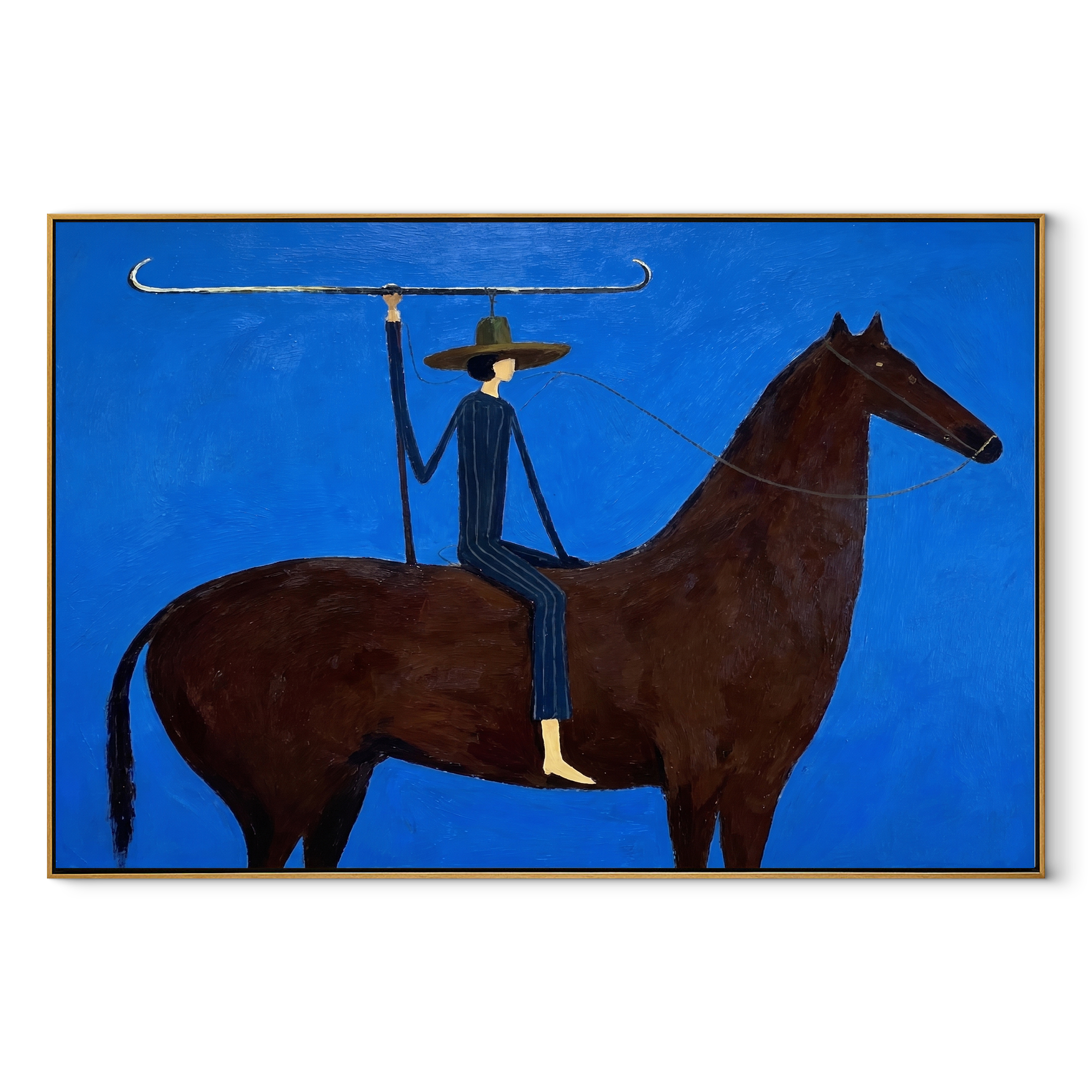 Gentle Strength Return at Dusk - horse and rider painting by Isabelle Laurent, modern Western horizontal wall art – wood frame on white background