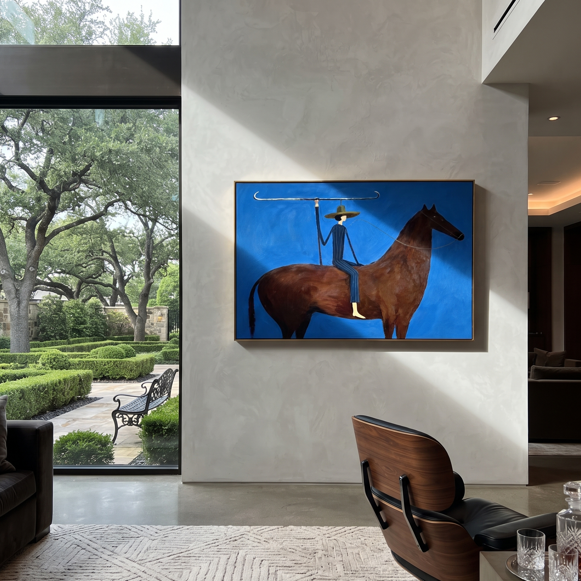 Gentle Strength Return at Dusk - horse and rider painting by Isabelle Laurent, modern Western horizontal wall art – styled room scene view 2