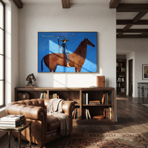 Gentle Strength Return at Dusk - horse and rider painting by Isabelle Laurent, modern Western horizontal wall art – styled room scene view 3