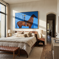 Gentle Strength Return at Dusk - horse and rider painting by Isabelle Laurent, modern Western horizontal wall art – styled room scene view 4
