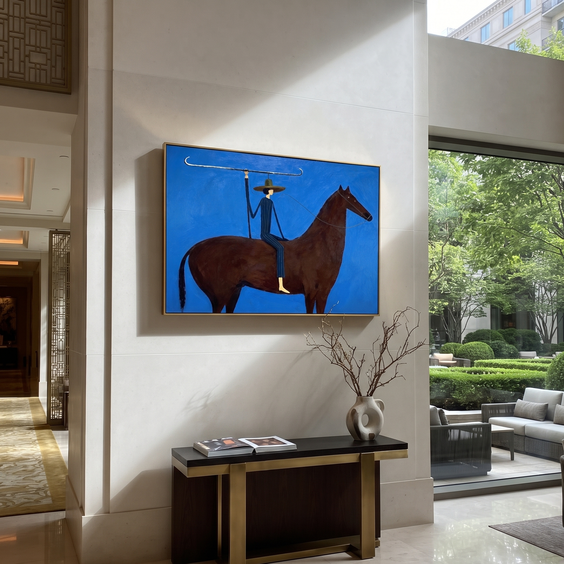 Gentle Strength Return at Dusk - horse and rider painting by Isabelle Laurent, modern Western horizontal wall art – styled room scene view 5