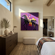Desert Rhythm Return at Dusk - symbolic horse and rider painting by Isabelle Laurent, modern Western square wall art – styled room scene view 1