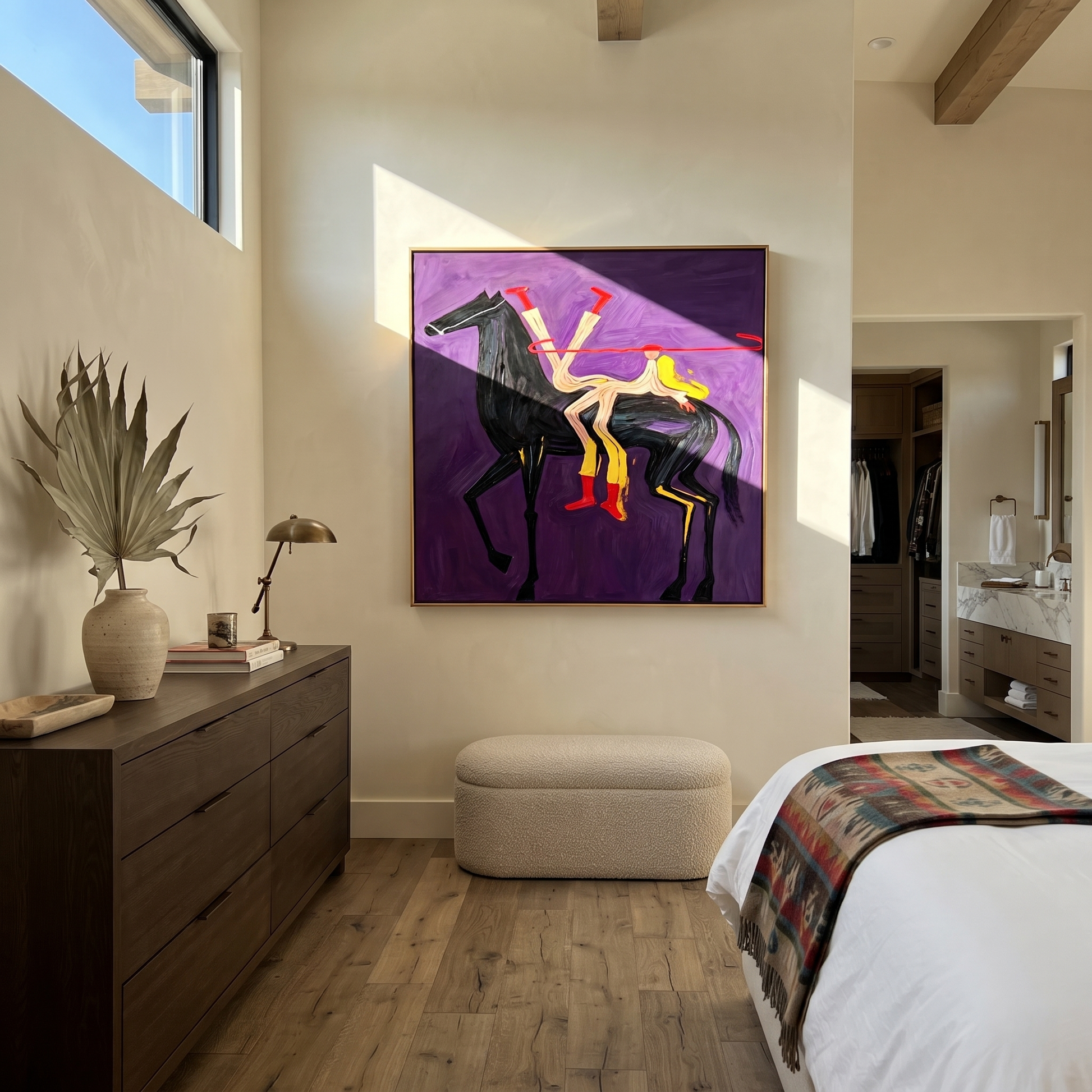 Desert Rhythm Return at Dusk - symbolic horse and rider painting by Isabelle Laurent, modern Western square wall art – styled room scene view 1