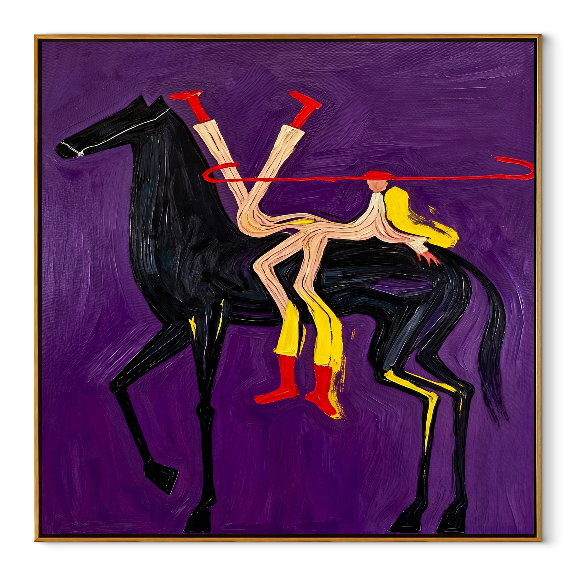 Desert Rhythm Return at Dusk - symbolic horse and rider painting by Isabelle Laurent, modern Western square wall art – wood frame on white background