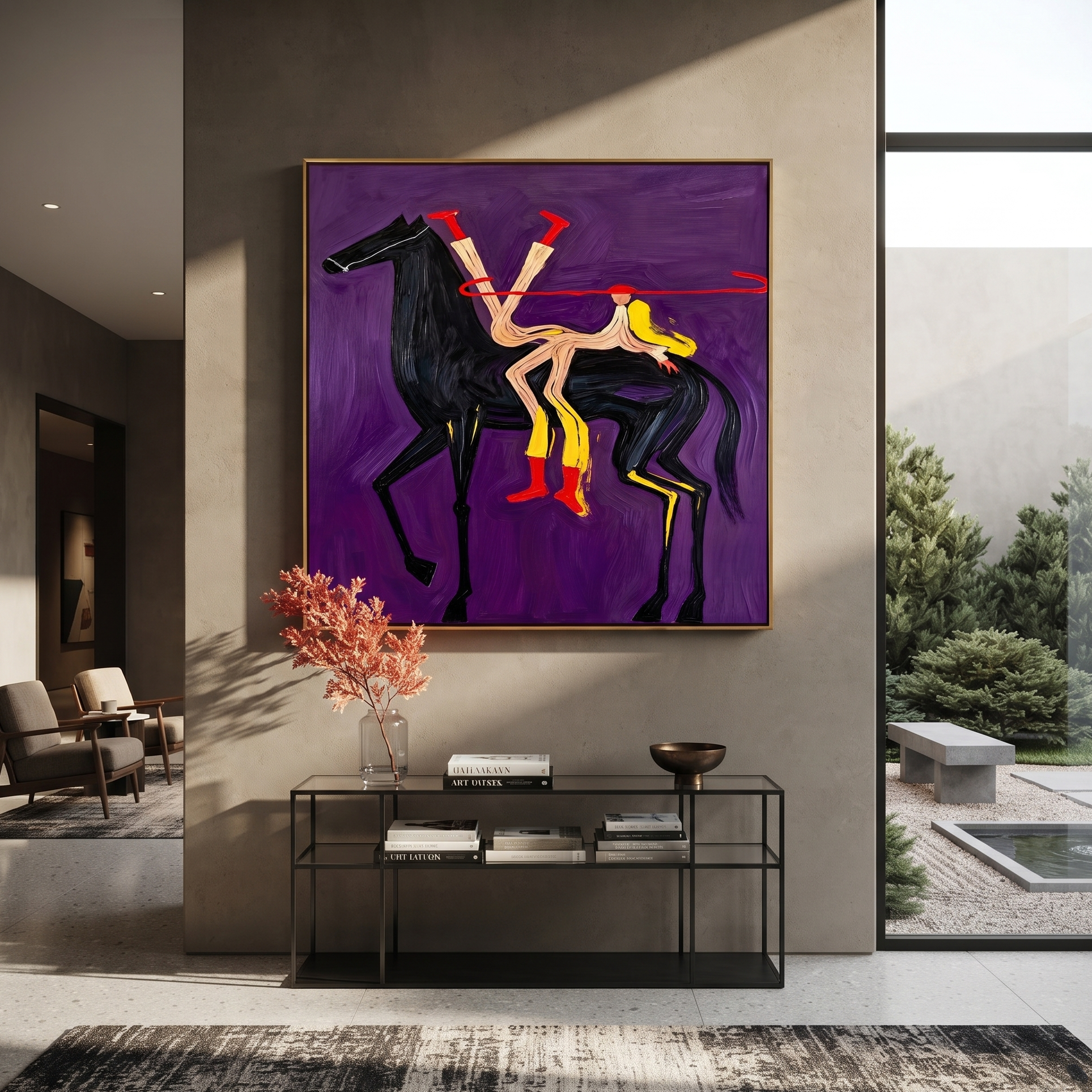 Desert Rhythm Return at Dusk - symbolic horse and rider painting by Isabelle Laurent, modern Western square wall art – styled room scene view 2