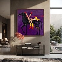 Desert Rhythm Return at Dusk - symbolic horse and rider painting by Isabelle Laurent, modern Western square wall art – styled room scene view 2