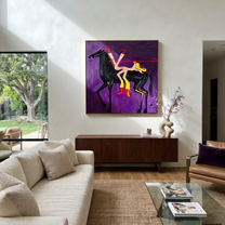 Desert Rhythm Return at Dusk - symbolic horse and rider painting by Isabelle Laurent, modern Western square wall art – styled room scene view 3