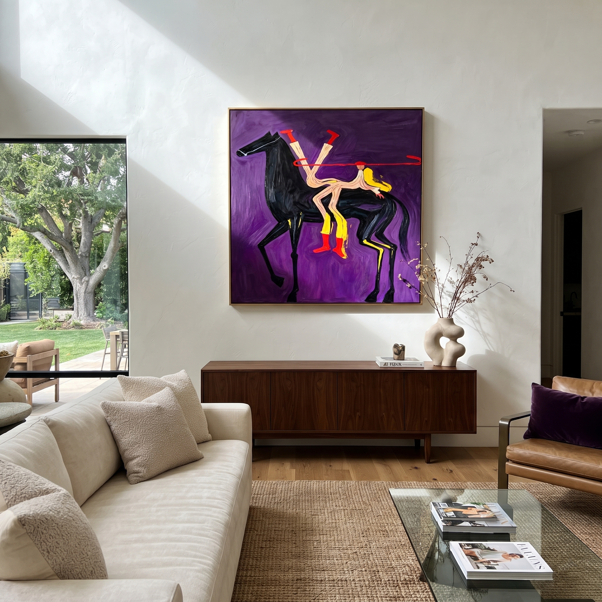 Desert Rhythm Return at Dusk - symbolic horse and rider painting by Isabelle Laurent, modern Western square wall art – styled room scene view 3