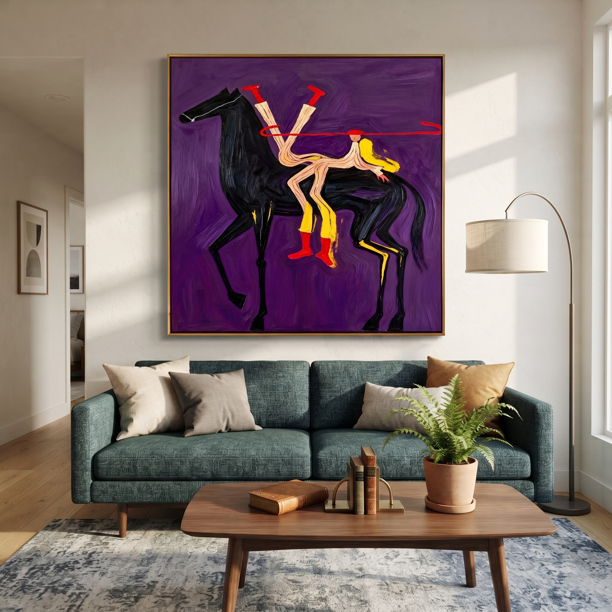 Desert Rhythm Return at Dusk - symbolic horse and rider painting by Isabelle Laurent, modern Western square wall art – styled room scene view 4