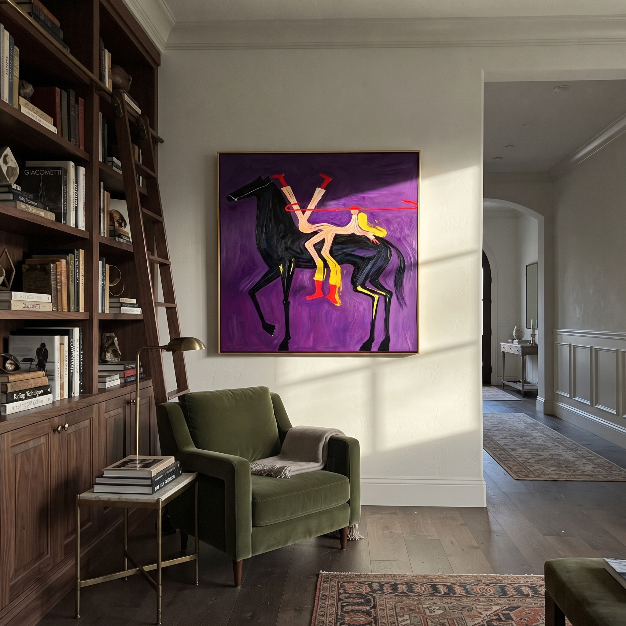 Desert Rhythm Return at Dusk - symbolic horse and rider painting by Isabelle Laurent, modern Western square wall art – styled room scene view 5