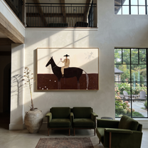 Moonlit Horse Return at Dusk - horse and rider painting by Isabelle Laurent, modern Western horizontal wall art – styled room scene view 1