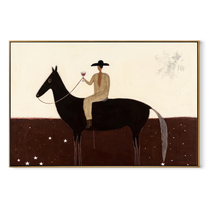 Moonlit Horse Return at Dusk - horse and rider painting by Isabelle Laurent, modern Western horizontal wall art – wood frame on white background