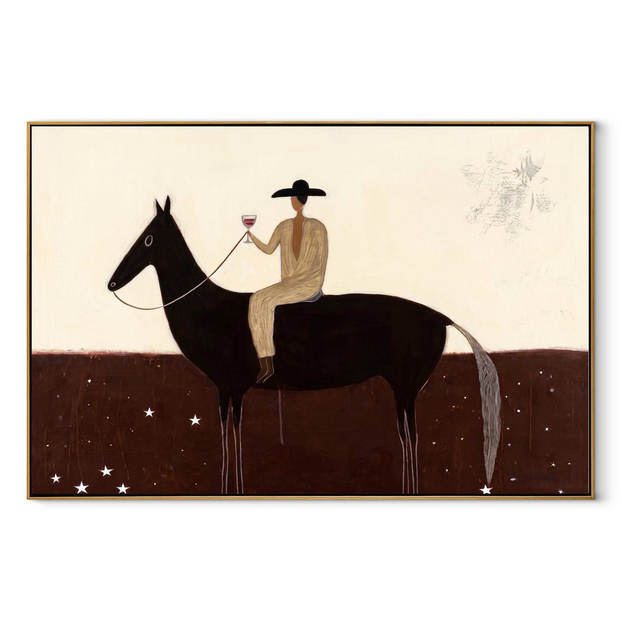 Moonlit Horse Return at Dusk - horse and rider painting by Isabelle Laurent, modern Western horizontal wall art – wood frame on white background