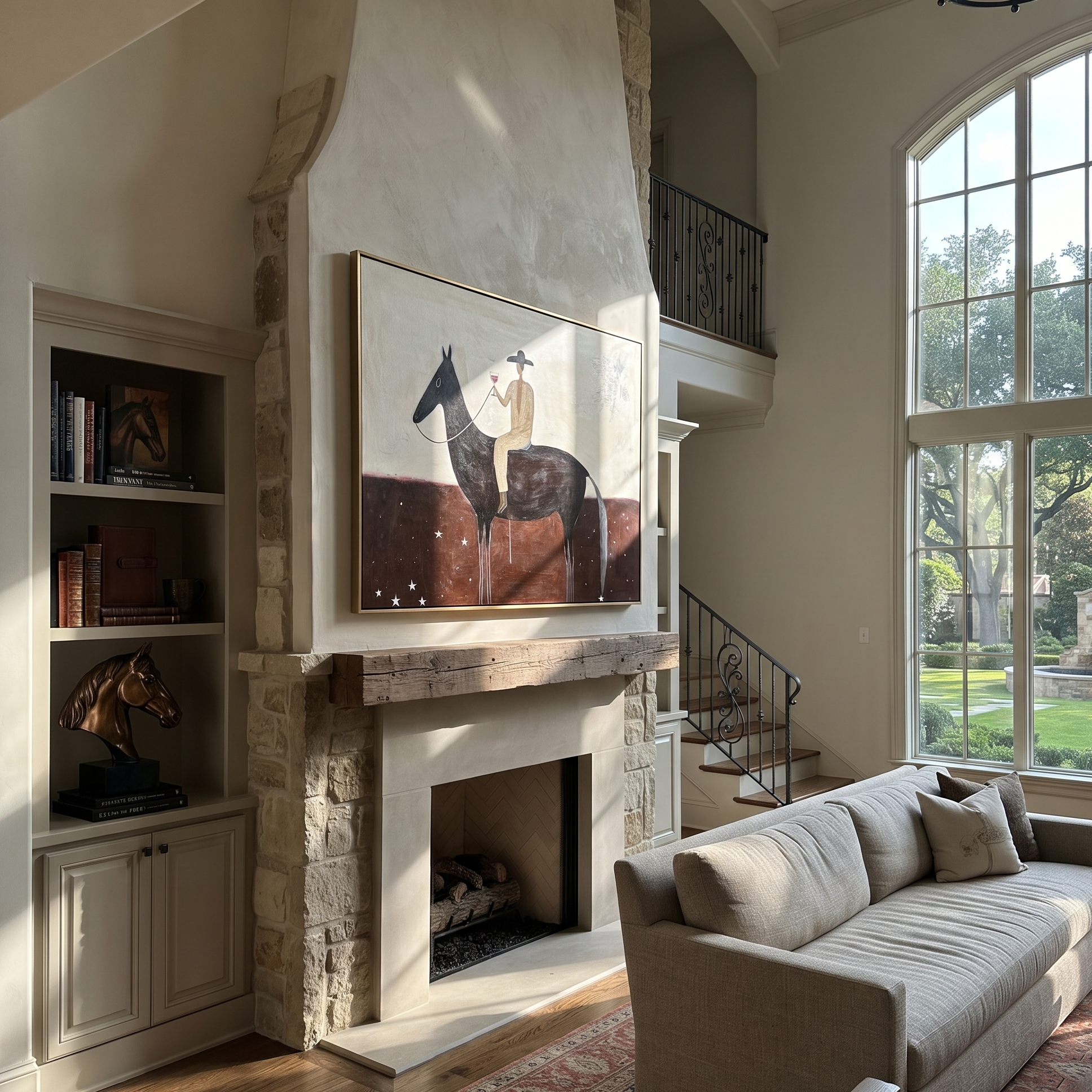 Moonlit Horse Return at Dusk - horse and rider painting by Isabelle Laurent, modern Western horizontal wall art – styled room scene view 2