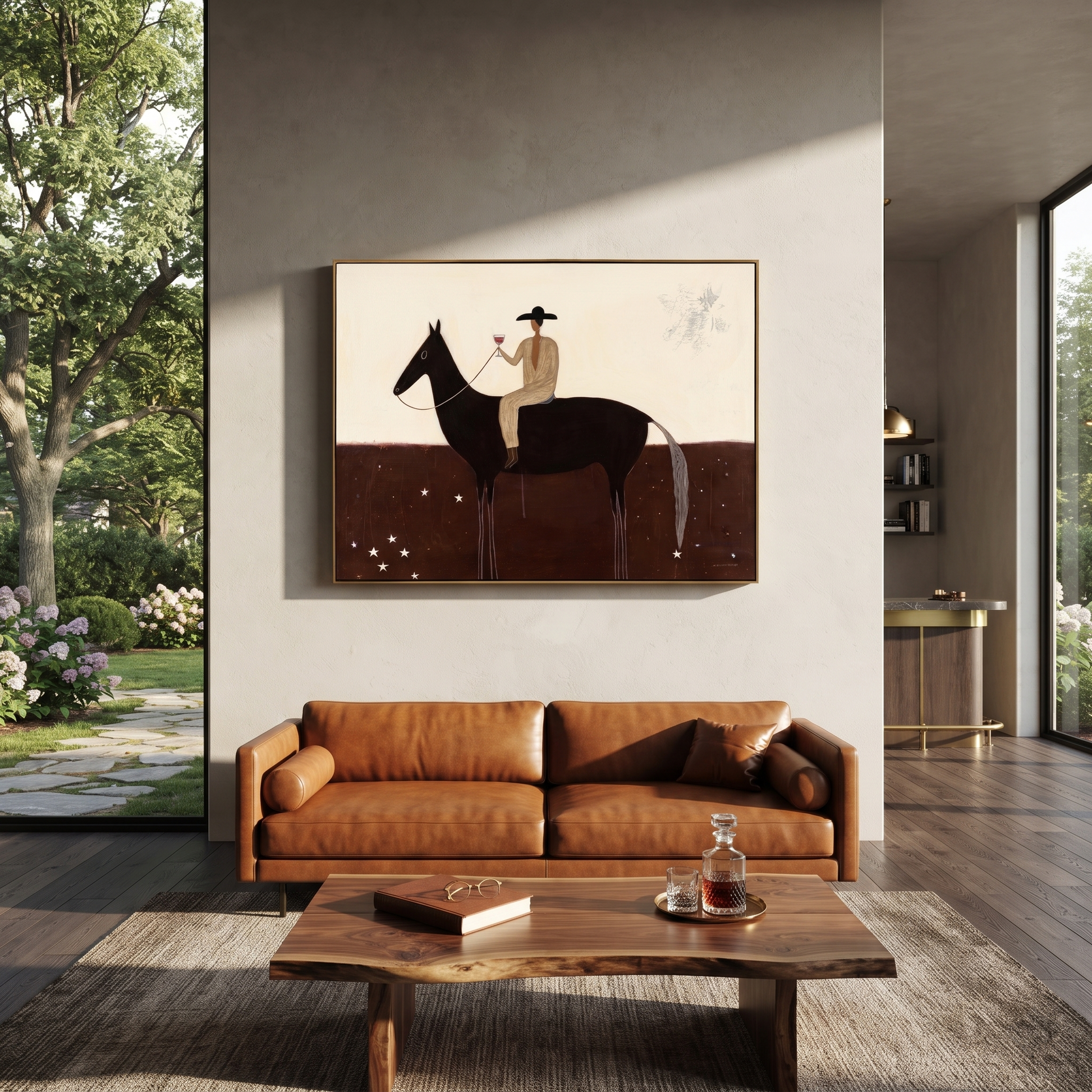 Moonlit Horse Return at Dusk - horse and rider painting by Isabelle Laurent, modern Western horizontal wall art – styled room scene view 3