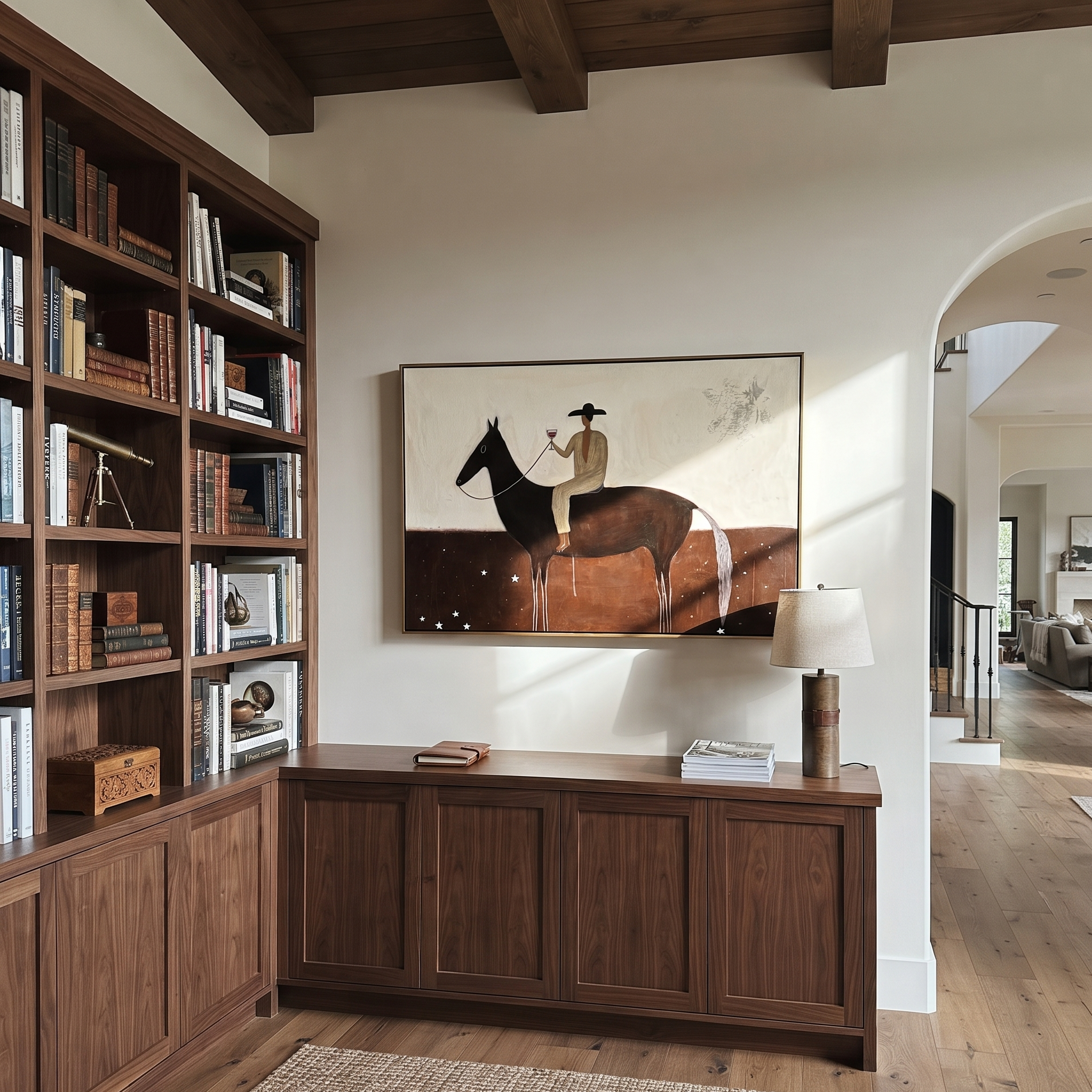 Moonlit Horse Return at Dusk - horse and rider painting by Isabelle Laurent, modern Western horizontal wall art – styled room scene view 4